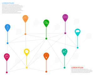 Wall Mural - Vector infographic with color pins whit shadow on thin line structure