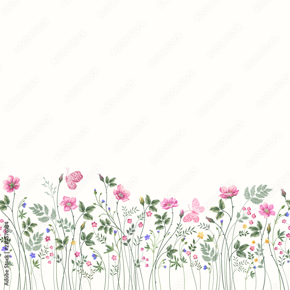 seamless floral border with roses and butterfly Stock Vector | Adobe Stock