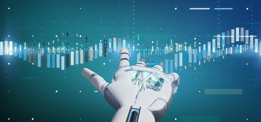 Poster - Cyborg hand holding a Business stock exchange trading data information 3d rendering