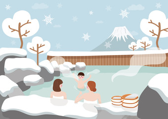 Poster - Women and kid are relaxing In hot spring, bath at Japanese on winter.