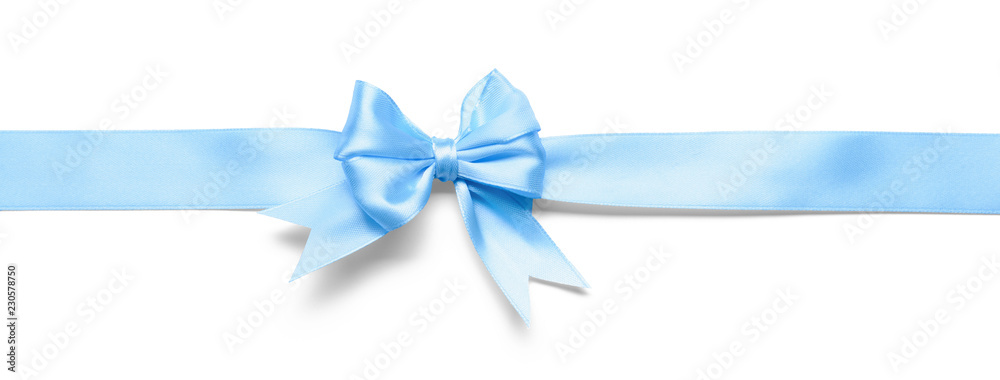 Blue ribbon with bow on white background