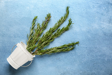 Bucket with fresh aromatic rosemary on color background