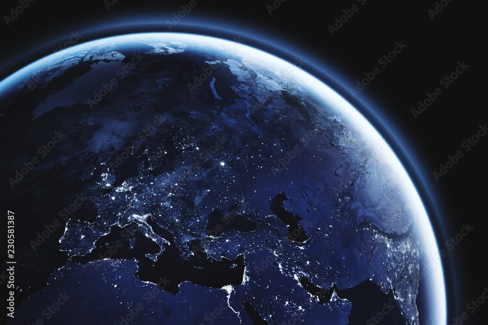 planet Earth seen from space, Europe close up, aerial view of european continent night lights with copyspace, blue tone, part of image furnished by NASA - obrazy, fototapety, plakaty 