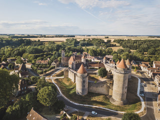 Castle Blandy les tours in France, aerial view of medieval chateau museum