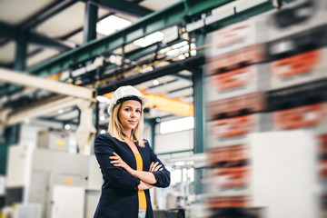 Wall Mural - A portrait of an industrial woman engineer standing in a factory, arms crossed.