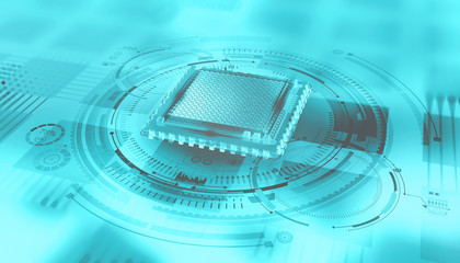 Aufkleber - Futuristic CPU. Quantum processor in the global computer network. 3d illustration of digital cyberspace with HUD element