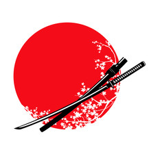 Traditional Samurai Sword And Blooming Sakura Branches - Katana And Japanese Red Sun Vector Design