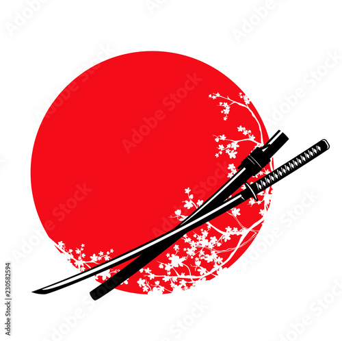 Fotografía traditional samurai sword and blooming sakura branches - katana and japanese red