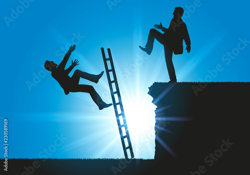Concept sur le conflit en entreprise pour le leadership, un homme fait volontairement tomber son concurrent d'une échelle Tableau sur Toile