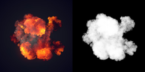 Aufkleber - Large explosion with black smoke in dark plus alpha channel. Top view. 3d rendering