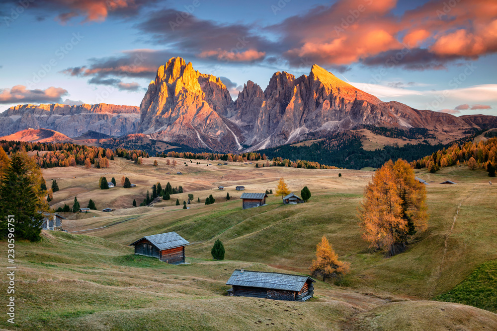 Dolomites. Landscape image of Seiser Alm a Dolomite plateau and the largest high-altitude Alpine meadow in Europe. - obrazy, fototapety, plakaty 
