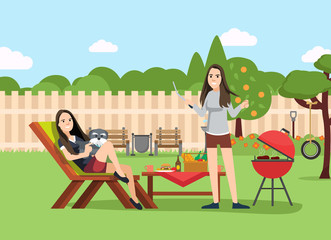 sisters on BBQ party on the backyard of the house smiling and eating. Cooking tasty barbeque on grill. Vector illustration in cartoon style