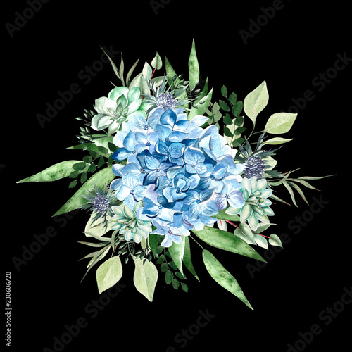 Watercolor bouquet with hydrangea flowers,  succulent plants and leaves.