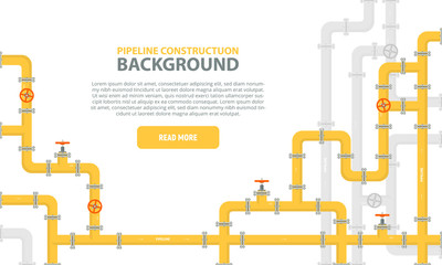 industrial background with yellow pipeline. oil, water or gas pipeline with fittings and valves. web