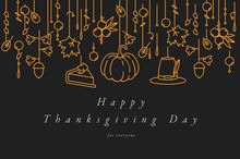 Vector Linear Design Thanksgiving Day Greetings Card. Typography And Icon For Autumn Holiday Background, Banners Or Posters And Other Printables.
