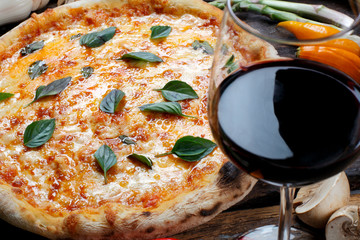 Canvas Print - Pizza with glass of red wine