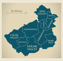 Modern City Map - Kirklees Metropolitan Borough Of England With Areas And Titles UK