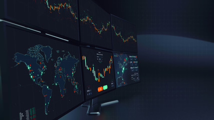 Poster - Futuristic stock exchange scene with charts, numbers and world trading map displayed on multi screens (3D illustration)