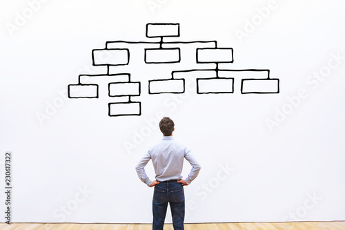 Fotomural organization hierarchy concept, business man manage complex logic of mindmap