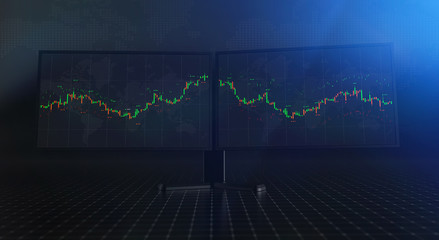 Poster - Futuristic stock exchange scene with charts, numbers and world trading map displayed on multi screens (3D illustration)