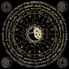 Poster - Vector circle of the Zodiac with icons, names, signs, constellations, Sun and Moon on the black background with ancient inscriptions in retro style
