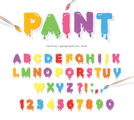 Wall Mural - Paint flow colorful font. Cute funny cartoon letters and numbers.