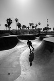 Fototapeta Nowy Jork - Venice beach skate park with skater silhouette, black and white photo