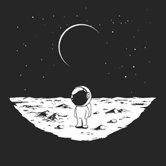 Canvas Print - Cute astronaut stands alone on Moon surface. Prints design. Hand drawn vector illustration