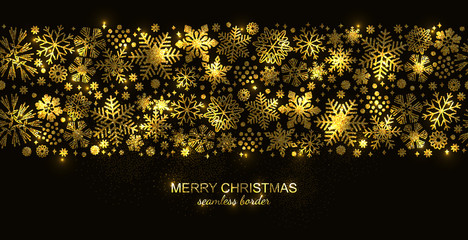Wall Mural - Gold seamless snowflake border isolated on black background, Christmas glitter design for postcard or greeting card. Vector illustration, merry xmas snow flake header or banner, wallpaper or backdrop