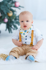 Little boy sitting on the background of the Christmas tree