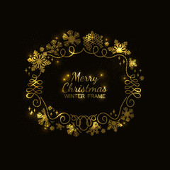 Wall Mural - Gold glitter snowflake frame, festive decoration on black background, Christmas design for invitation, greeting card or postcard. Vector illustration, merry xmas flake framework