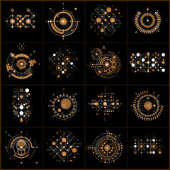 Fototapete - Set of vector Bauhaus abstract backgrounds made with lines grid and overlapping geometric elements, circles. Retro artworks, technology style graphic templates for advertising poster.