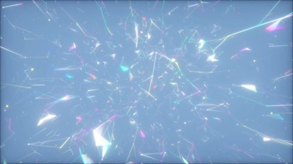 Poster - Colored elements scattered in space rotate around the camera captivating attention. Distortion of space.Abstract technology background. Growing network connections. Chaotic particles and lines