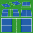 pickleball court game scheme. different perspective top, side, isometric view in flat line color. stock vector illustration