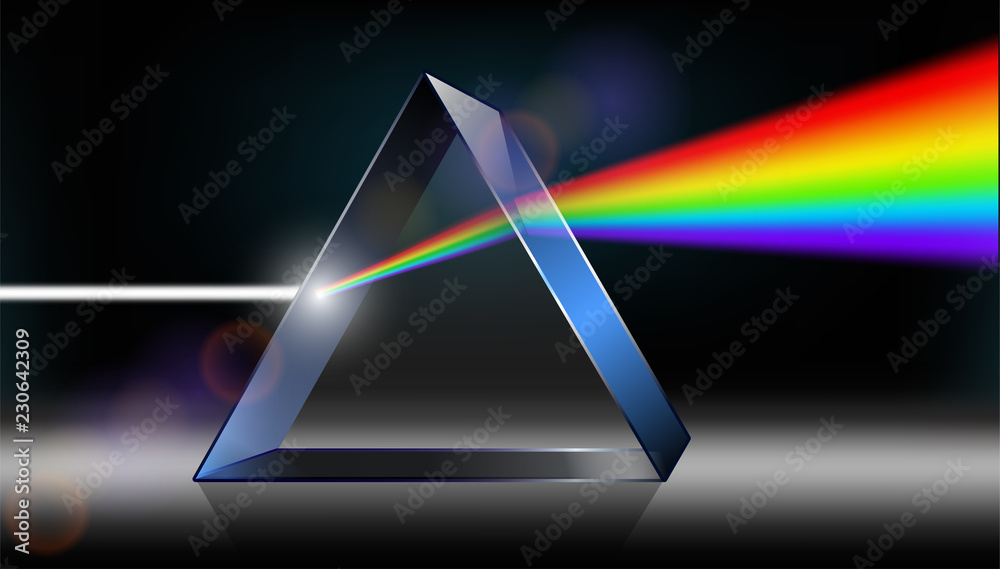 Optics physics. The white light shines through the prism. Produce rainbow colors in 3D illustrator. - obrazy, fototapety, plakaty 