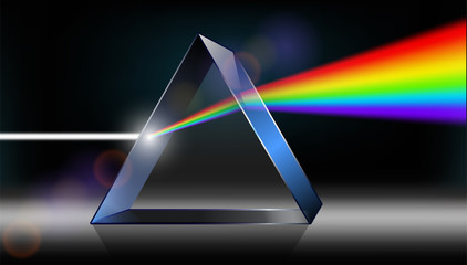 optics physics. the white light shines through the prism. produce rainbow colors in 3d illustrator.