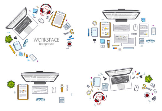 Office employee or entrepreneur work desks workplaces with PC and laptops and diverse stationery objects for work and analytics papers, top view. All elements are easy to use separately. Vector set.