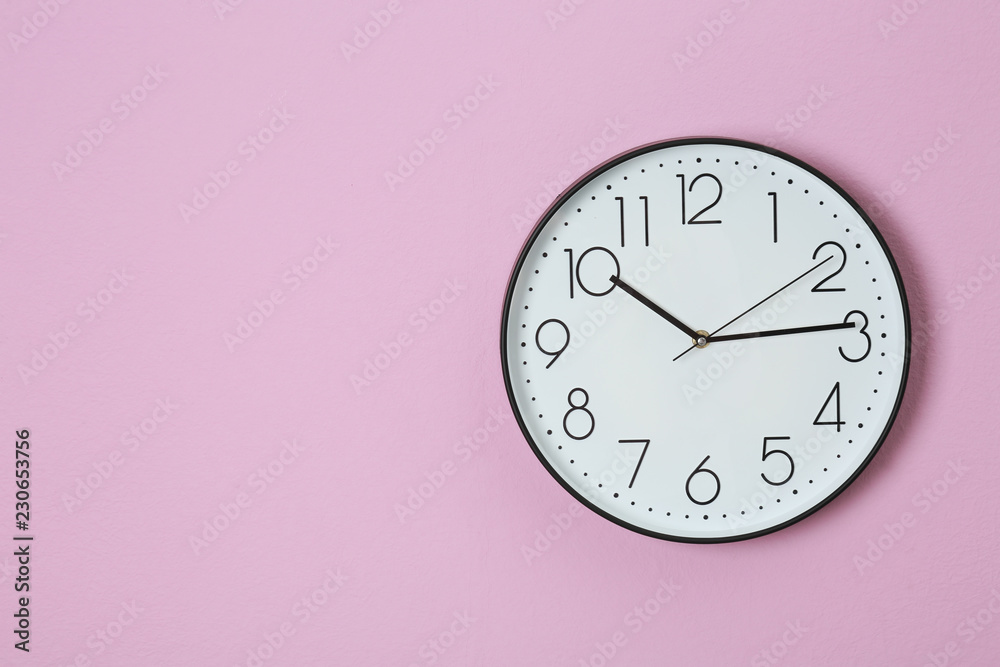 Stylish clock and space for text on color background. Time management - obrazy, fototapety, plakaty 