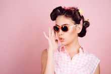 Vintage Housewife Woman Make Hairstyle. Beauty Salon And Hairdresser. Pin Up Girl. Happy Girl In Summer Glasses. Retro Woman With Fashion Makeup. Beauty And Fashion. Confident In Her Style