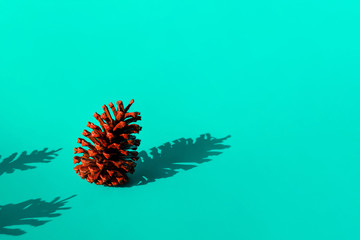 Winter season,christmas celebrate concepts ideas with red pine cone on green color background.top view images