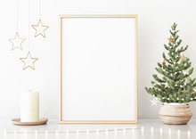 Vertical Poster Mock Up With Golden Frame, Decorated Christmas Tree, Garland Lights And Holiday Decoration On White Wall Background. 3D Rendering.