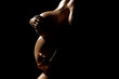 © PixlMakr - Dark silhouette nude pregnant woman with glossy skin covering her big breasts and holding her belly