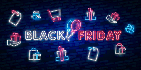 Wall Mural - Black Friday Sale neon sign vector. Black Friday Sale Design template neon sign, light banner, neon signboard, nightly bright advertising, light inscription. Vector illustration