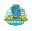 Hotel tower building eco isolated on beach resort sea or seafront palm trees view vector illustration, hostel motel guest house flat cartoon modern hotel on green grass, promenade or street graphic