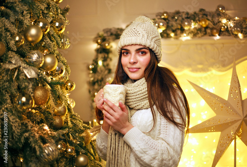 Fotografie, Obraz Girl in warm clothes drinking cup coffee at home in New Year's decor