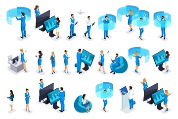 Poster - Isometric set businessmen with gadgets, work on virtual screens, beautiful business design. Front view and rear view. Emotions Characters for vector illustrations