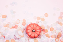 Little Decorative Pumpkins With Confetti. Autumn And Halloween Concept.
