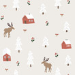 Cute festive Christmas seamless pattern with moose, red houses, snow fir trees and berries. Hand drawn kids nordic design. Winter vector illustration background.