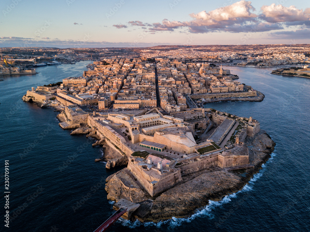 Obraz na płótnie Aerial drone sunrise photo - Ancient capital city of Valletta Malta.  Island Country of Europe in the Mediterranean Sea w salonie