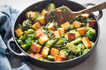 Wall Mural - Brussel sprouts with spinach and fried paneer cheese 